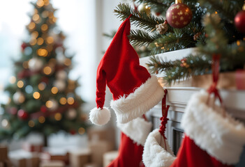 Red Santa Claus hat and sock hanging under christmas tree in the house, Christmas stockings