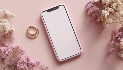 Photo of a phone with an empty screen mockup on a pastel pink background, surrounded by subtle decorative elements like pampas grass and tiny flowers. Web banner style with copy space to the right 