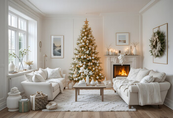 Stylish Christmas scandinavian minimalistic interior with white decor