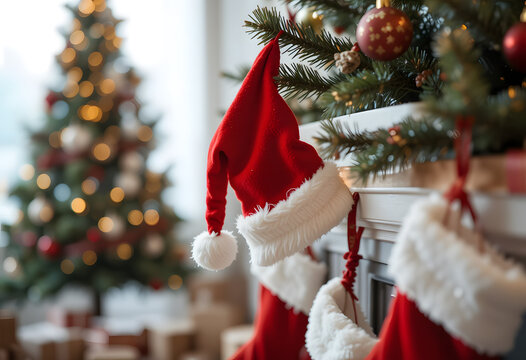 Red Santa Claus hat and sock hanging under christmas tree in the house, Christmas stockings