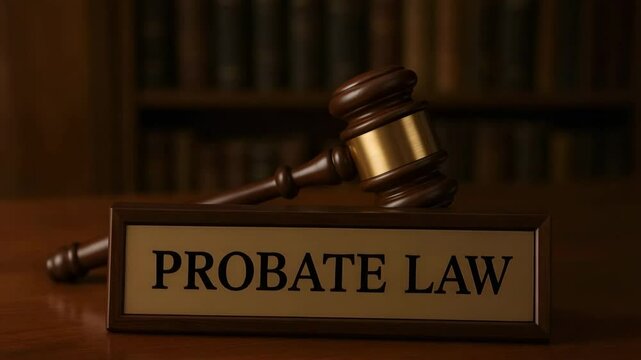 A wooden gavel rests next to a nameplate engraved &ldquo;probate law&rdquo; in a library setting. Concept of estate administration.
