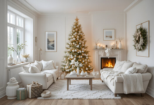 Stylish Christmas scandinavian minimalistic interior with white decor