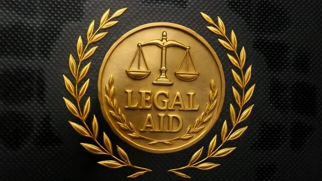 A gilded coin embossed with scales and &ldquo;legal aid&rdquo; is framed by a laurel wreath. Concept of pro bono service.