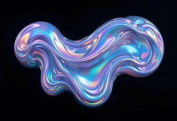 Bold holographic liquid blob shape isolated. Iridescent wavy melted substance on black background