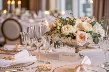 Elegant wedding table setting with floral centerpiece and romantic details forever yours note decorative luxury event celebration