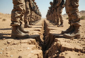 Close-up of soldiers in combat boots facing each other across deep ground crack in desert area. Concept of war tension, division and military confrontation in conflict zones