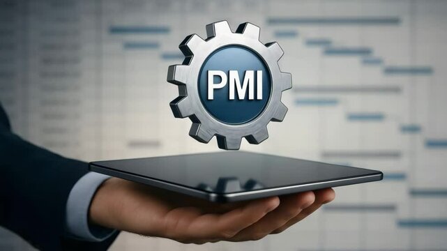 A metallic gear icon labeled PMI hovers above a tablet in front of a blurred Gantt chart. Concept of project management.