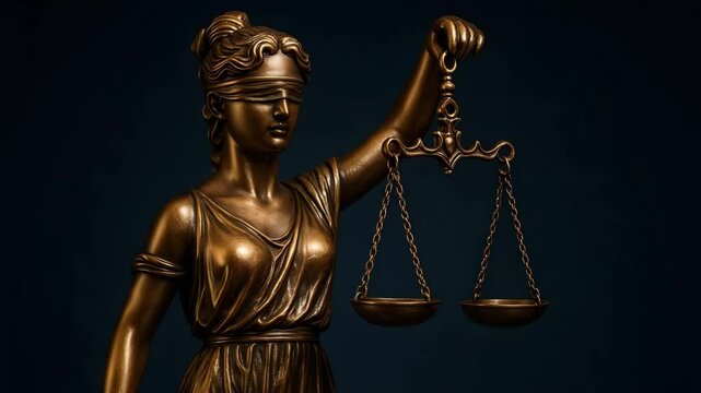 A bronze Lady Justice statue holds balanced scales against a dark backdrop. Concept of impartial fairness.

