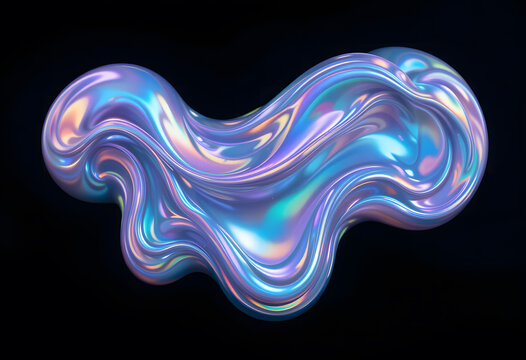 Bold holographic liquid blob shape isolated. Iridescent wavy melted substance on black background