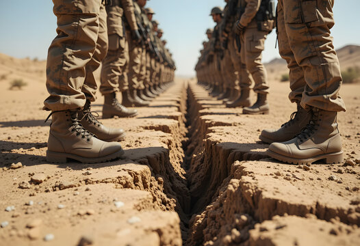 Close-up of soldiers in combat boots facing each other across deep ground crack in desert area. Concept of war tension, division and military confrontation in conflict zones