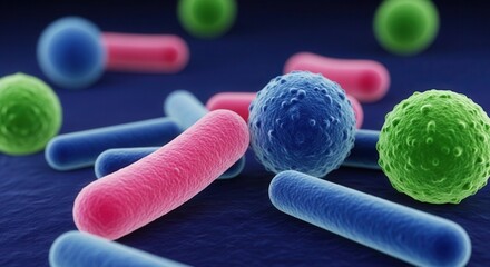 Microscopic view of colorful bacteria cells in blue background