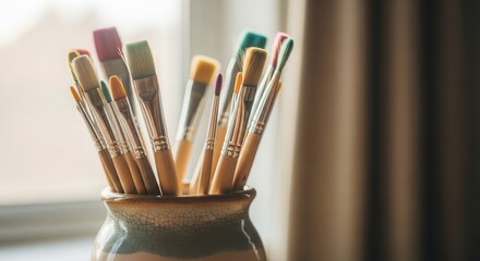 Paintbrushes in ceramic holder window