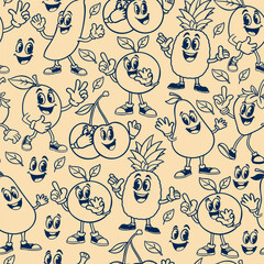 Vector seamless pattern with groovy retro cartoon fruits