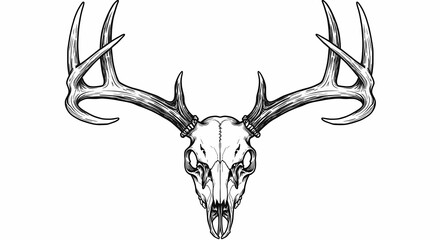 Black and White Deer Skull Illustration with Antlers for Artistic or Tattoo Design