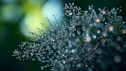 Sparkling rain on a glass window with blue bokeh lights, evoking a magical holiday winter wonderland design