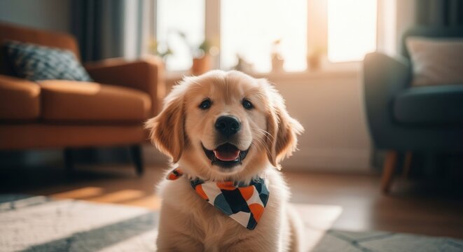 Golden retriever puppy enjoying sunlight indoors
