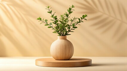 A small plant in a wooden vase sits on a round wooden table