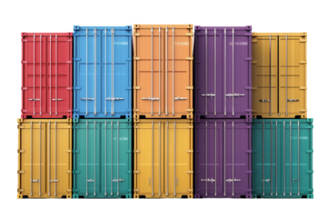Multicolored shipping containers stacked together in a vibrant display, showcasing various colors and sizes against a neutral background