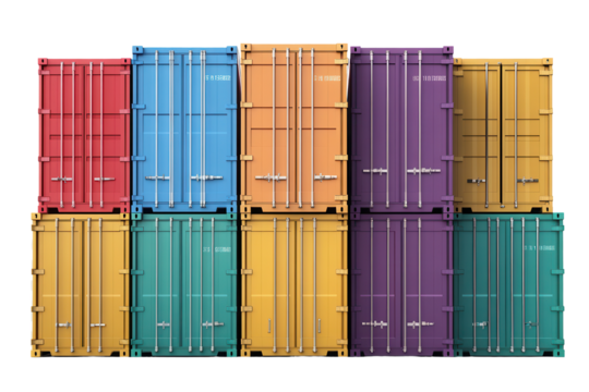 Multicolored shipping containers stacked together in a vibrant display, showcasing various colors and sizes against a neutral background