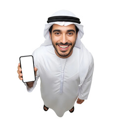 Arabic man holding a phone and smiling high wide angle