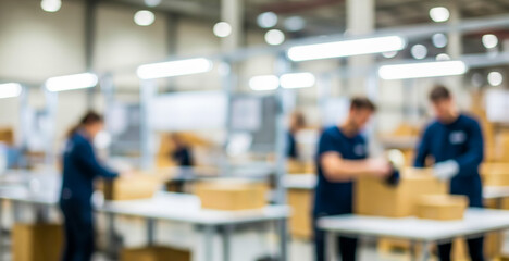 Fototapeta premium People working in a blurred warehouse setting packing boxes at tables.