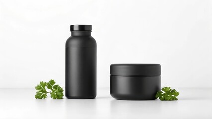 Black cosmetic bottle and jar isolated on white background with parsley