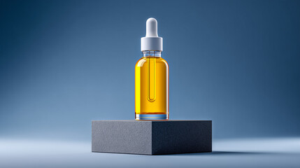 Premium face oil in amber glass dropper bottle. Skincare Elixir. Amber bottle with essential oil or cosmetic serum on a blue background. Skin care product mockup.
