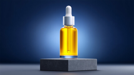 Premium face oil in amber glass dropper bottle. Skincare Elixir. Amber bottle with essential oil or cosmetic serum on a blue background. Skin care product mockup.