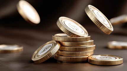 Golden coins float against a brown backdrop, showcasing a clean design with hyper-realistic visuals for a striking effect