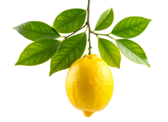 Ripe Yellow Lemon Hanging from Leafy Branch with Sunlit Highlights, Transparent PNG