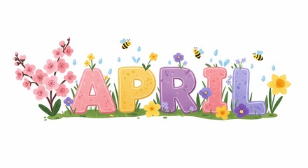 Obraz premium Colorful April Letters with Flowers and Bees in Spring Theme
