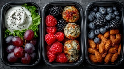 Three containers with healthy snacks: grapes and yogurt, mixed berries with energy balls, and almonds with blueberries.
