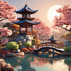 Pixel Art Japanese Garden at Dawn: A 3D Rendered Masterpiece