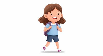 Obraz premium Cheerful Young Girl Walking with Backpack in Casual Clothing on White Background