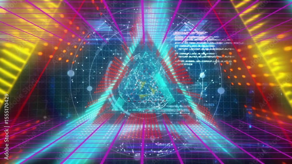 Poster 3d receding grid initiating globe forming while beams bursting triangle forming restoring state