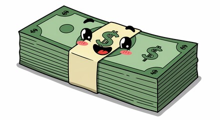 Cute Cartoon Money Stack with Facial Features and Blush Emotions