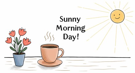 Sunny Morning Scene with Smiling Sun Flower Pot and Coffee Cup for Greeting Card