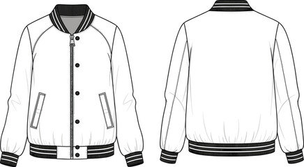 Varsity bomber jacket technical sketch, front and back flat view, striped collar and cuffs detail, casual fashion vector design, outerwear cad illustration