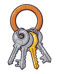 Wooden Keyring with Bunch of Keys Vector Illustration Isolated. Keychains with Keys