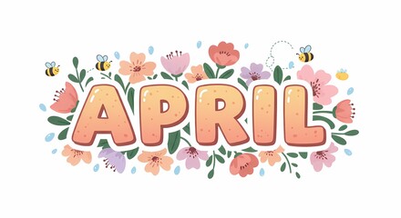 April Month Illustration with Pink and Purple Flowers and Bees in Soft Pastel Colors for Spring Seasonal Design