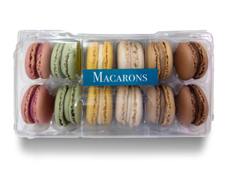 Macarons in clear plastic box isolated