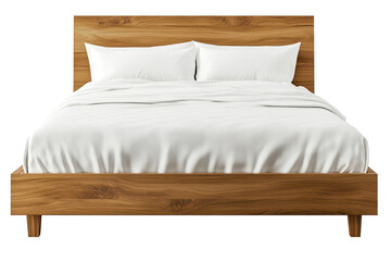 Wood bed with white sheets in a cozy bedroom setting, showcasing a minimalist design and inviting atmosphere, perfect for relaxation and comfort