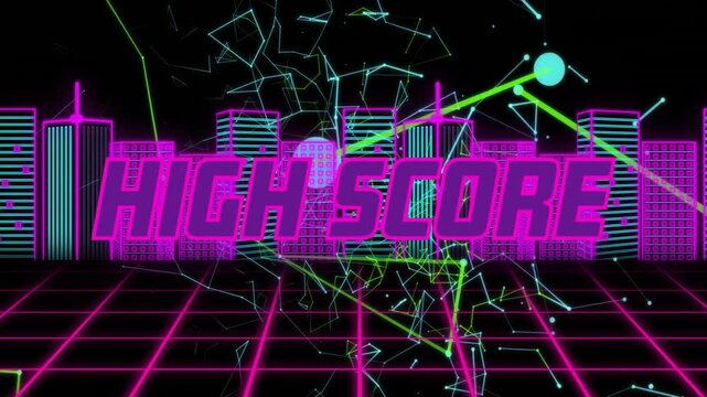 magenta grid starting cyan-lime-green network drifting, cascading strokes revealing HIGH SCORE