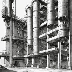 Brutalist Industrial Scene in Orthographic Drawing