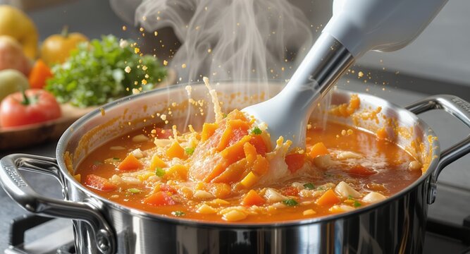 Immersion Blender Mixing Homemade Vegetable Soup in Stainless Steel Pot - Powered by Adobe