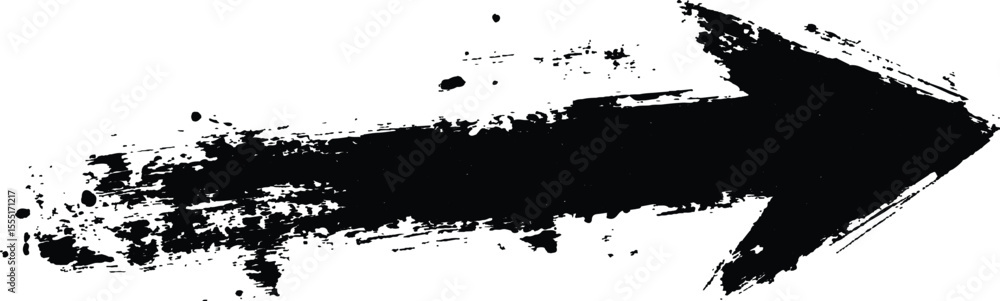 Poster Black arrow painted with splashes isolated on white background. Black arrow marker isolated with a hand-drawn effect on a white background. 