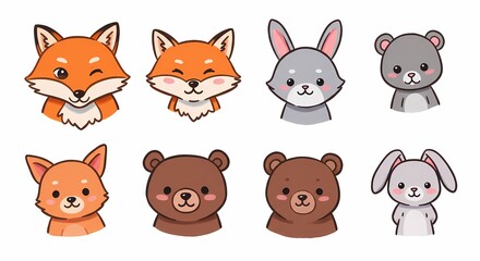 Cute Cartoon Animal Faces Set with Fox Rabbit Bear and Dog in Bright Colors