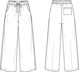 Wide leg pants flat sketch, drawstring waistband trousers CAD, relaxed fit fashion design, elastic waist pant vector, casual bottomwear technical illustration template