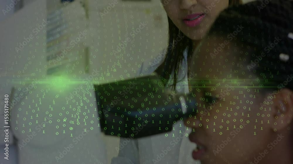 Poster lab instructor reviewing tablet data and guiding trainee to microscope focus showing binary overlay