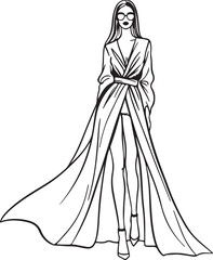 Chic silhouette of a modern fashion model with sunglasses and a long slit dress, minimalist black line art on white background, ready for print or branding Adobe Illustrator Artwork